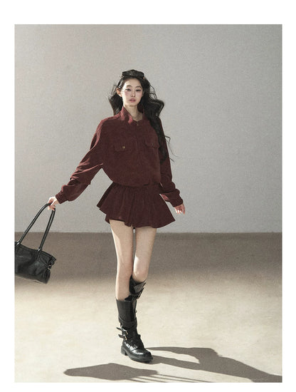 AOMALM - Burgundy PU Suede Jacket & A-Line Shorts Set