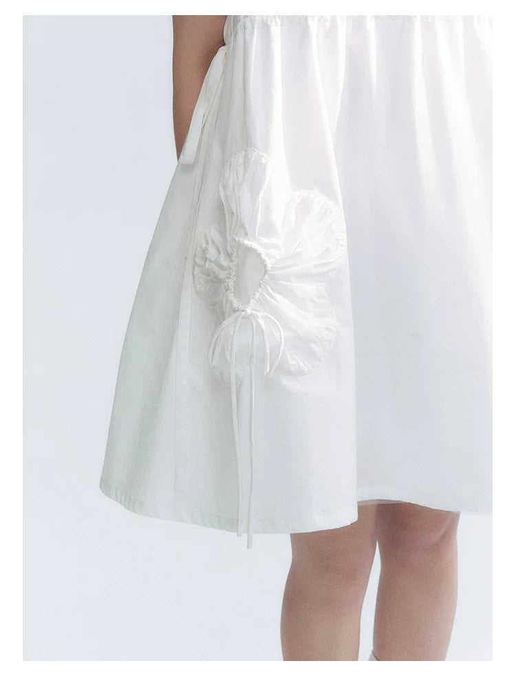 "Puff Doll Dress" Ruffle Trim Puff Sleeve Cotton A-Line Dress (White/ Black)