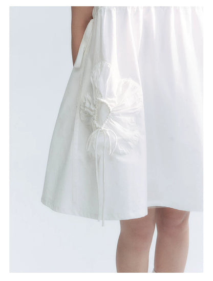 "Puff Doll Dress" Ruffle Trim Puff Sleeve Cotton A-Line Dress (White/ Black)