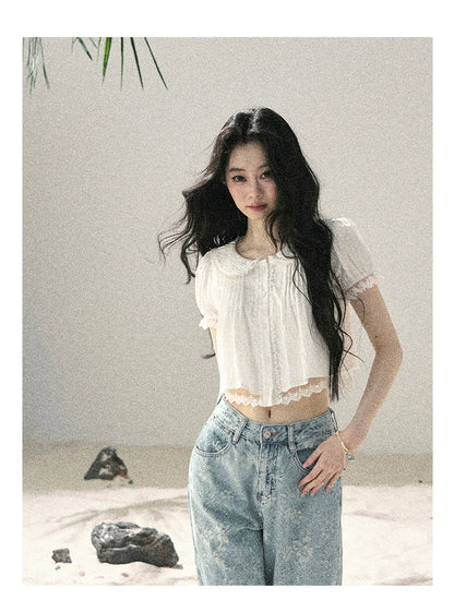 "Speechless Moonlight" Cloud White Lace Puff Sleeve Crop Top 74555