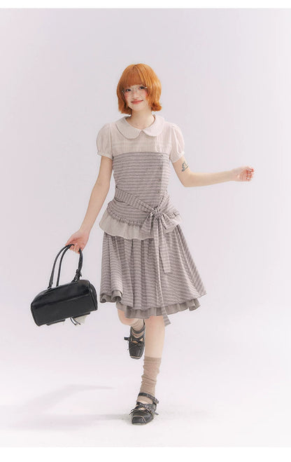 “Old Keepsake Letters” Frost Gray Doll Collar Lace Two-Piece Set