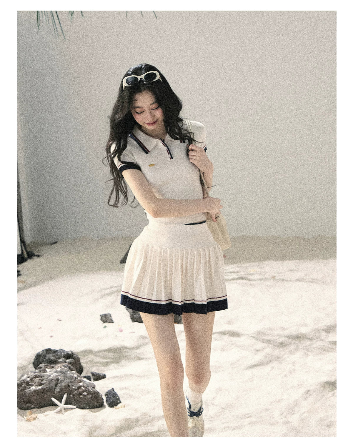 "Moonlight in Pieces" Cloud White Ribbed Knit Top & Pleated Mini Skirt Two-Piece Set