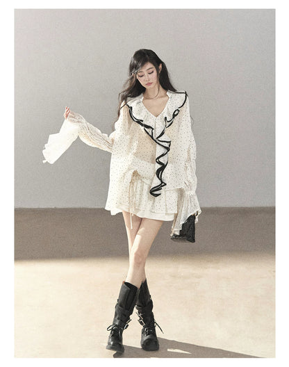 AOMALM - "Gossamer Moonlight" Pearl Shell Chiffon Top & Mini Skirt Set (With Tie & Flower)