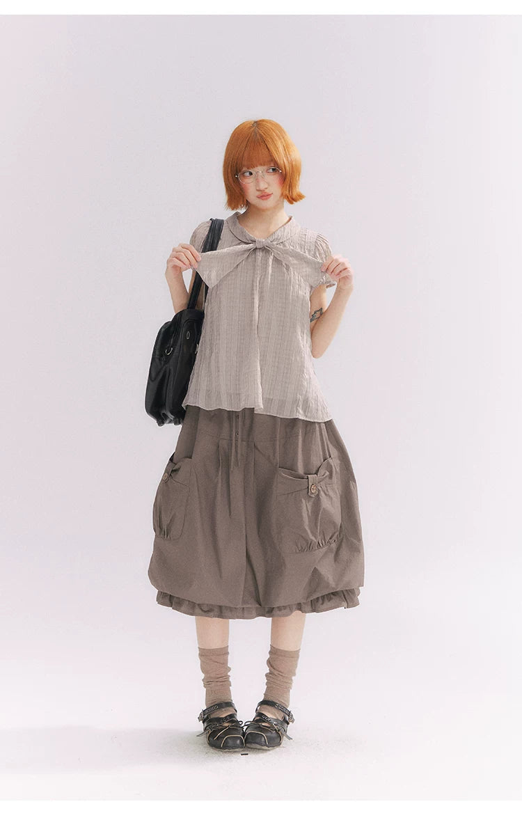 “Sweet & Cool Girl” Taupe Bow Drawstring High-Waist A-Line Cargo Skirt