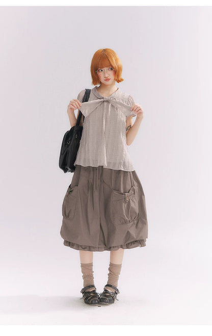 “Sweet & Cool Girl” Taupe Bow Drawstring High-Waist A-Line Cargo Skirt