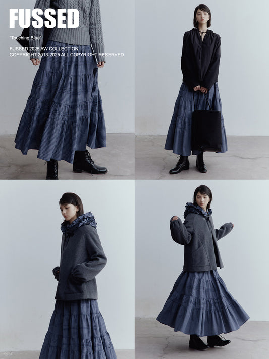 FUSSED Blue & White Gingham Cotton Tiered Midi Skirt FOF-25SS156b