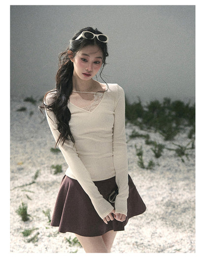“Day & Night” Milk Apricot Lace Knit Top