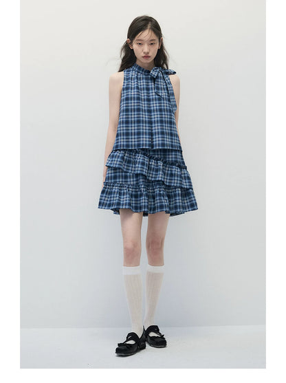 Blue Plaid Sleeveless Tiered Midi Dress with Ruffle Trim