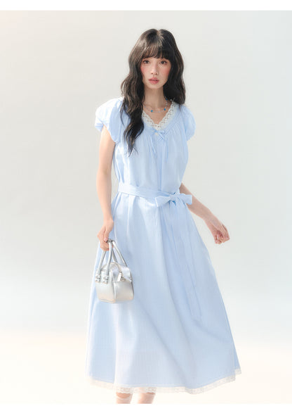 [CAN] "Cloud Daydream" Sky Blue Plaid Lace V-Neck Puff Sleeve Dress