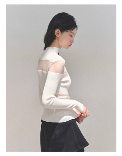 少也眼 “Whisper of Nightfall” Sheer-Panel Mock-Neck Knit Tee - White 11.18-4