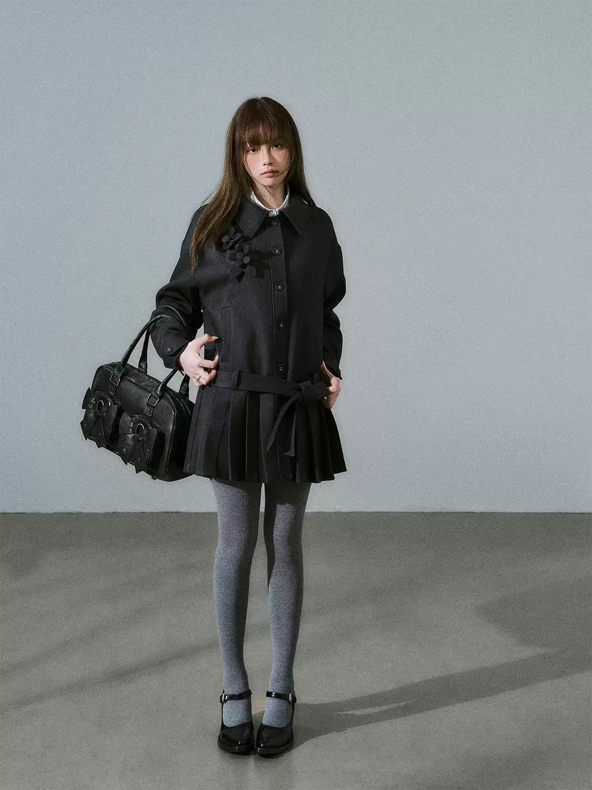 LOST FOREST - Charcoal Gray Flower Trench Coat