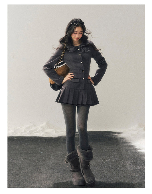 少也眼 “Delicia” Gray Preppy Bow Pleated Dress