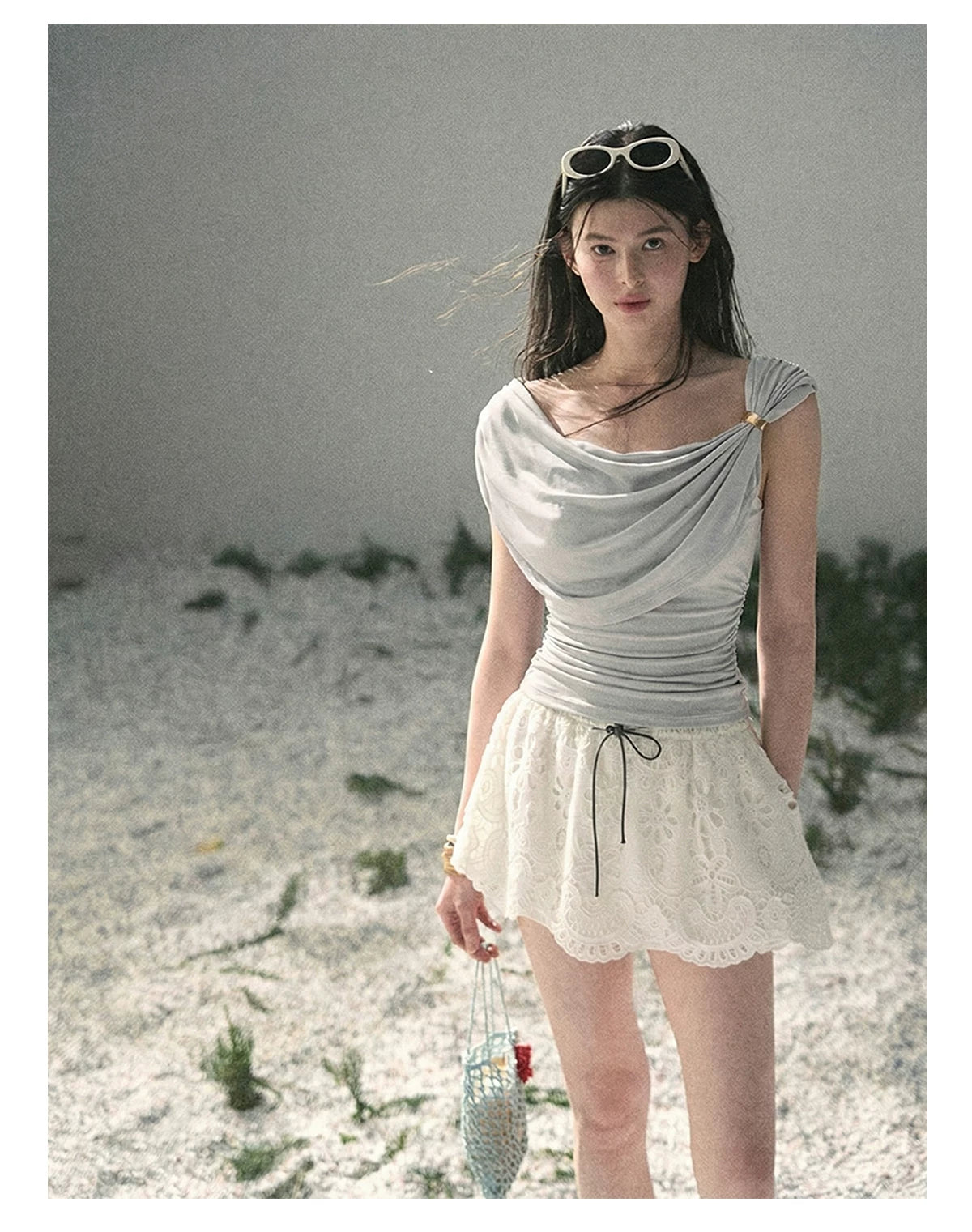 “When the Wind Stole Moonlight” Moonstone Draped Off-Shoulder Top