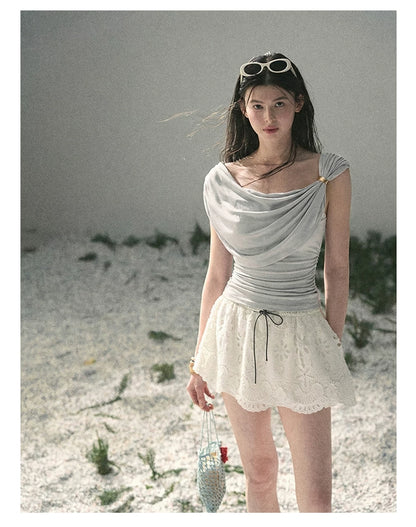 “When the Wind Stole Moonlight” Moonstone Draped Off-Shoulder Top