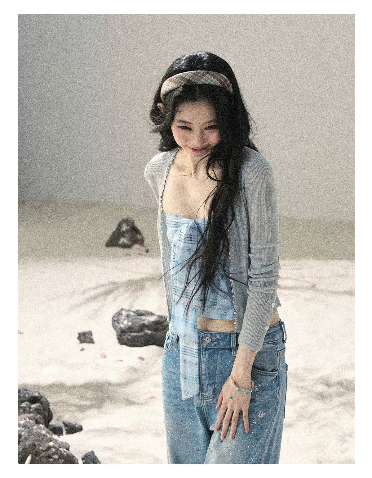 "Blue Danube Reverie" Mist Blue Bow Bandeau Crop Top & Cardigan Set 54638463
