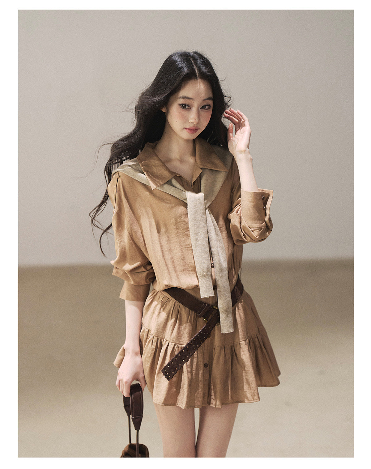 170726 "Through the Golden Wheat Fields" Chestnut Brown Utility Shirt Mini Dress with Belt & Shorts