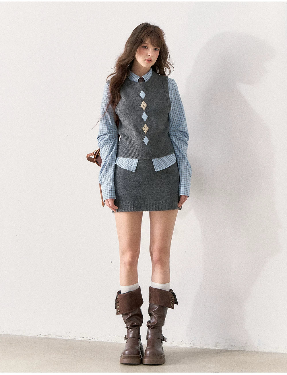 [TMMG] British Collegiate Gray Diamond Knit 3-Piece Set