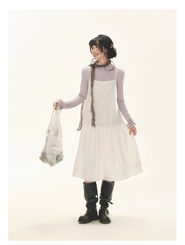 "Ivory Blossoms" Apricot Mist Beige Floral Pinafore Midi Dress