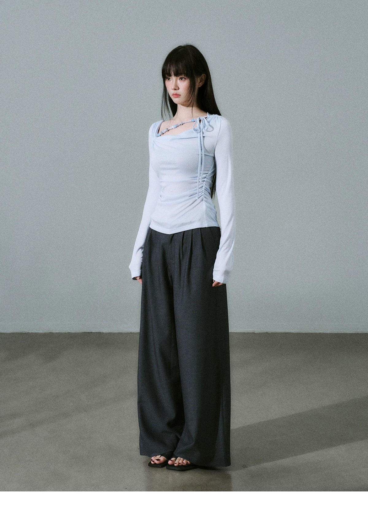 LOST FOREST - Low-Rise Triple-Pleat Wide-Leg Trousers (Black / Red Brown / Gray)