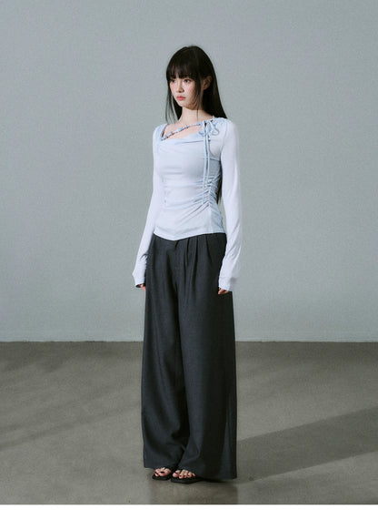 LOST FOREST - Low-Rise Triple-Pleat Wide-Leg Trousers (Black / Red Brown / Gray)