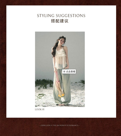 “Shattered Glasslight Veil” Cream Lace Halter Twinset Top