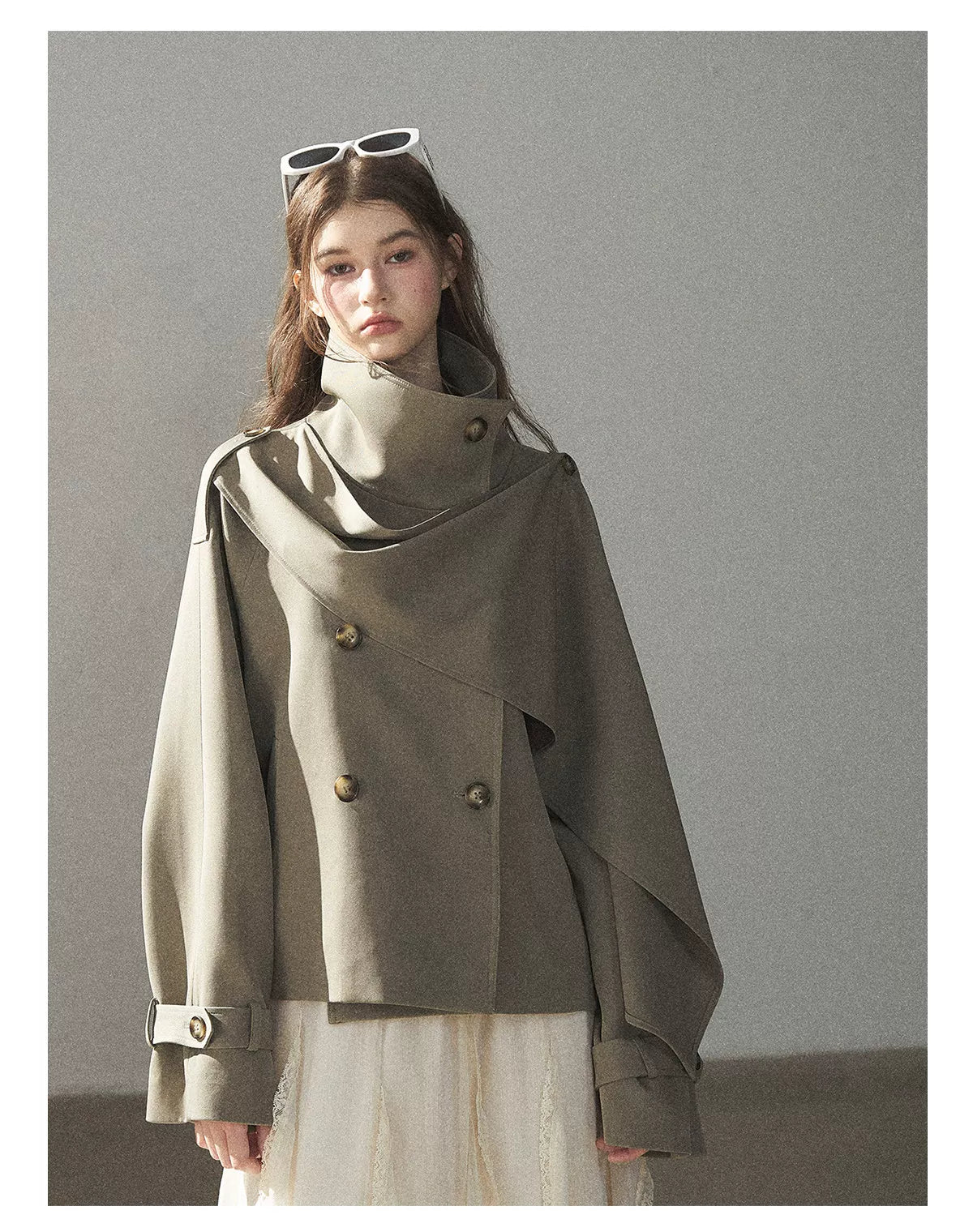 Gray Funnel-Neck Double-Breasted Short Trench Coat