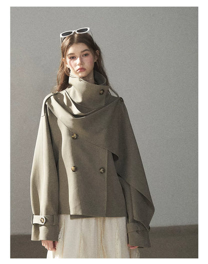 Gray Funnel-Neck Double-Breasted Short Trench Coat