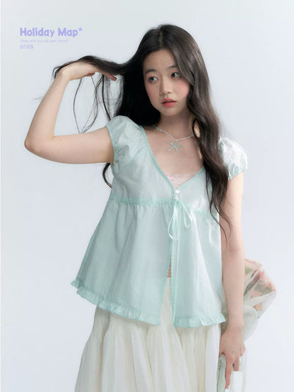 "Mint Morning Glow" Mint Green Lace Tie-Front Cardigan Blouse