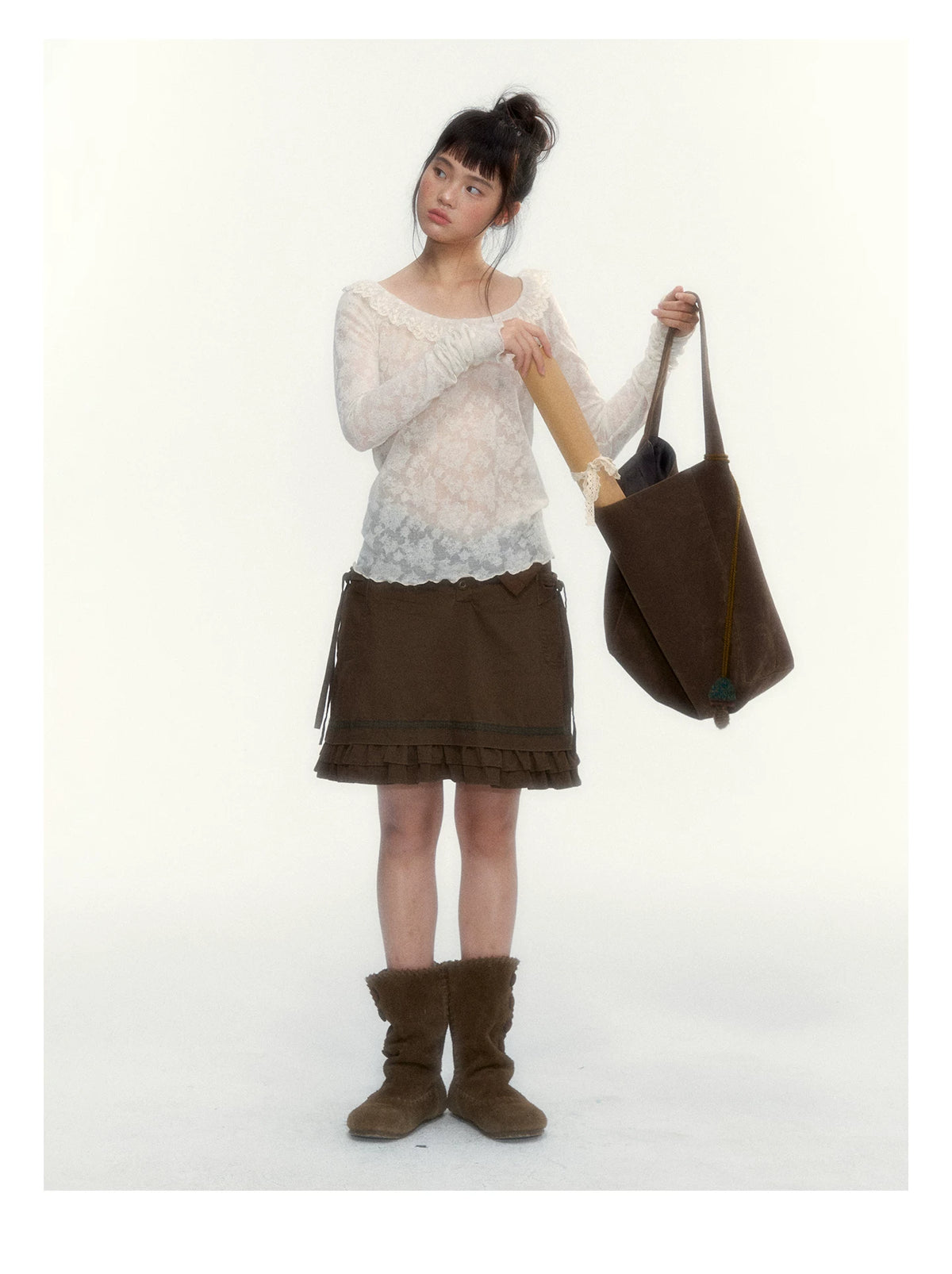 “Wild Caramel” Brown Washed Layered Ruffle Bow Pocket A-Line Skirt
