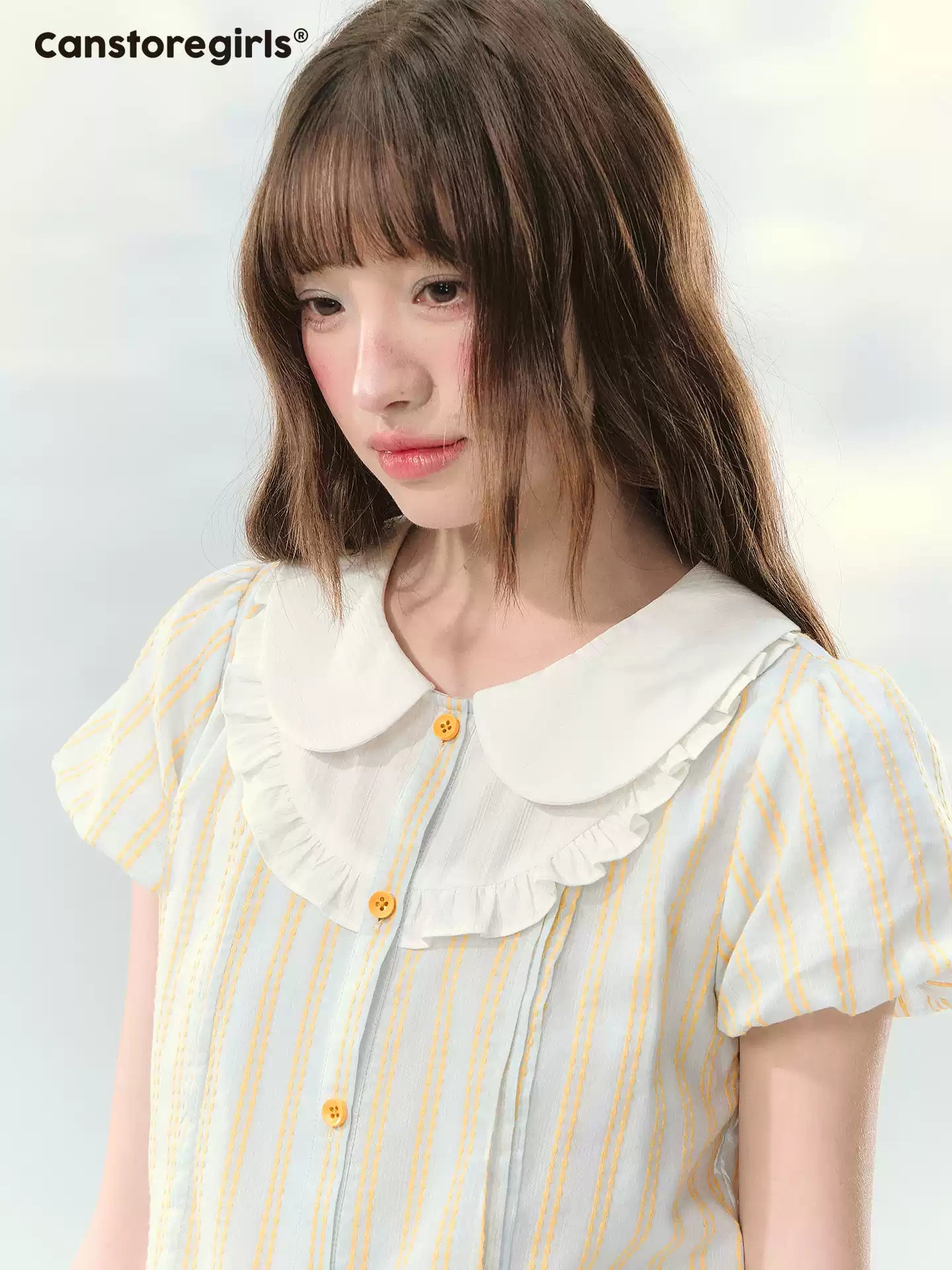 “Spring Lemon Breeze” Milk Blue Striped Shirt & Tiered Mini Skirt Set