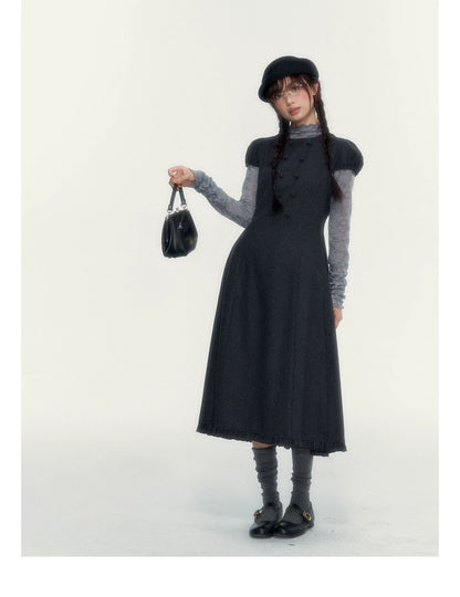 Vintage Double-Breasted Wool Dress & Knit Fringe Cape Set