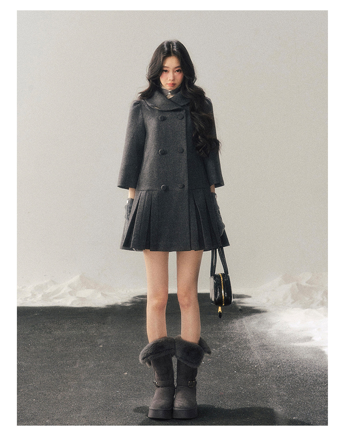 少也眼 "Luxembourg Heiress" Deep Rock Gray Preppy Wool-Blend Mid-Length Coat