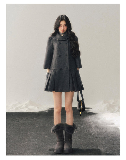 少也眼 "Luxembourg Heiress" Deep Rock Gray Preppy Wool-Blend Mid-Length Coat