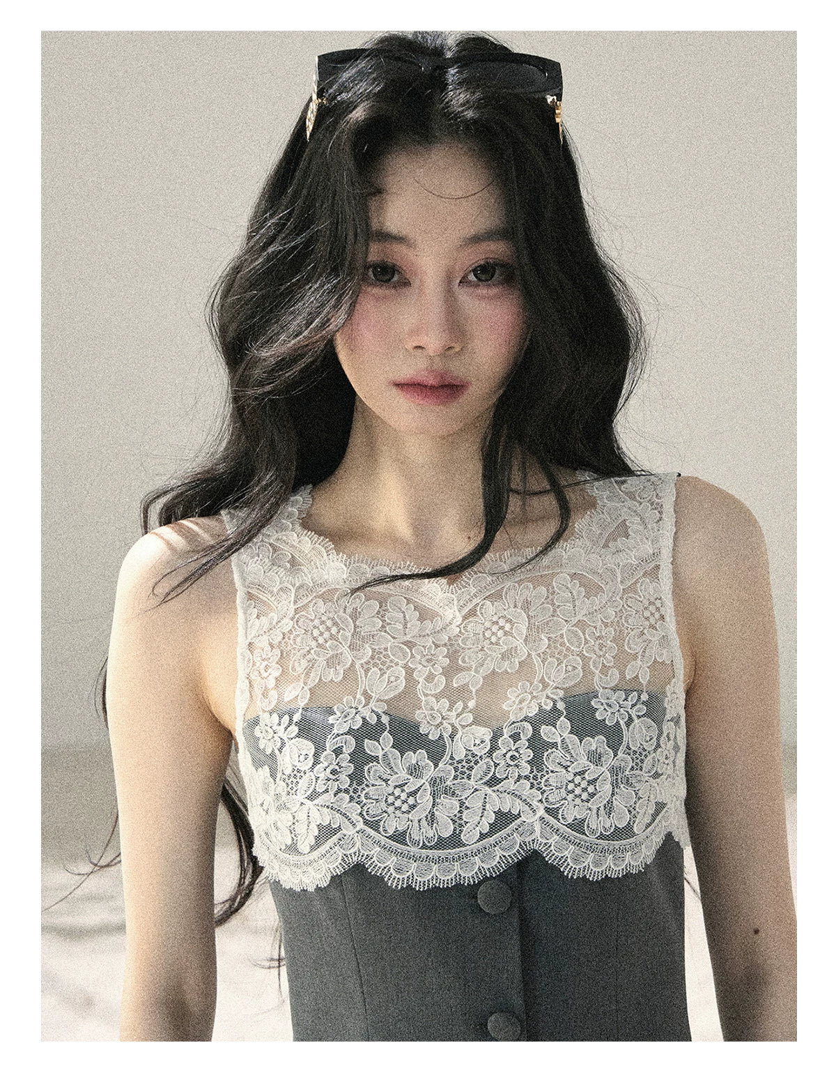 "Blossoms Through the Mist" Moon Mist Gray Lace Top & Tailored Shorts Two-Piece Set