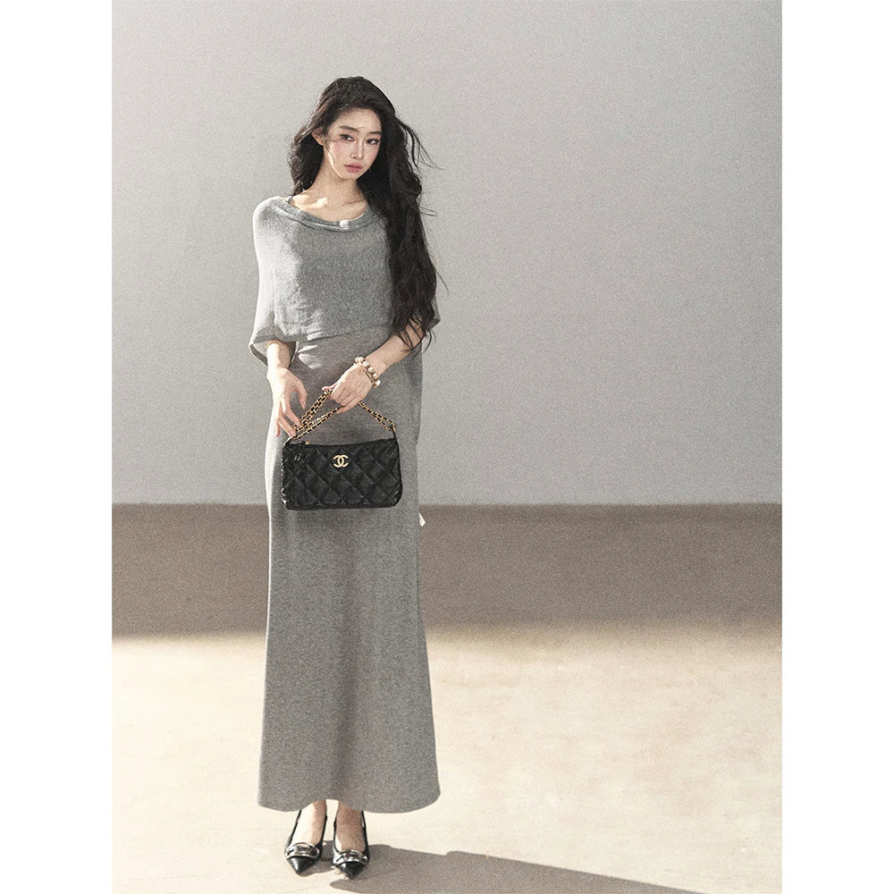 AOMALM - French-Inspired Two-Piece Maxi Dress Set with Layered Cape Overlay