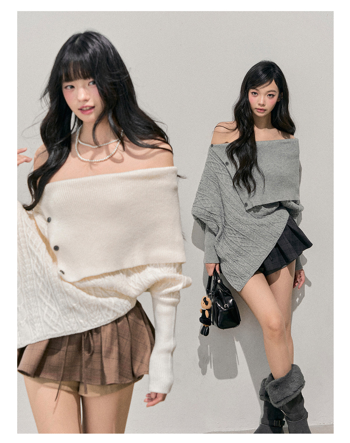 少也眼 “Letter from the Snow Country” Off-Shoulder Asymmetric Cable-Knit Sweater 1464854