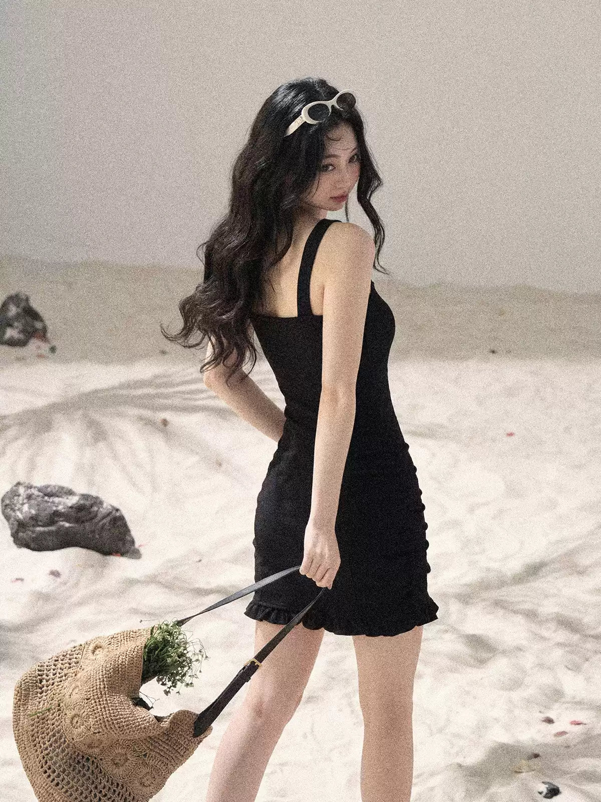 "Between Light and Shadow" Midnight Black Halter Knit Bodycon Mini Dress