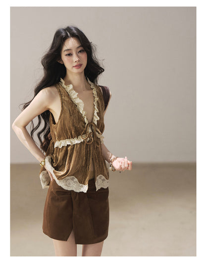 170726 "When the Begonias Fall" Roasted Pecan Lace Sleeveless Blouse