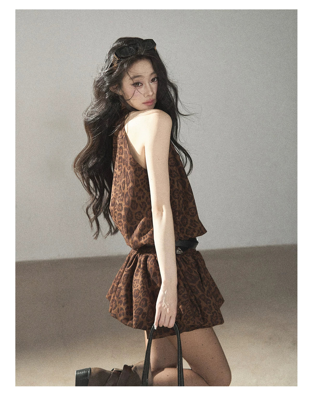 AOMALM - Merlot Leopard Print Bubble Sleeve Dress with Vintage Belt