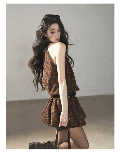 AOMALM - Merlot Leopard Print Bubble Sleeve Dress with Vintage Belt
