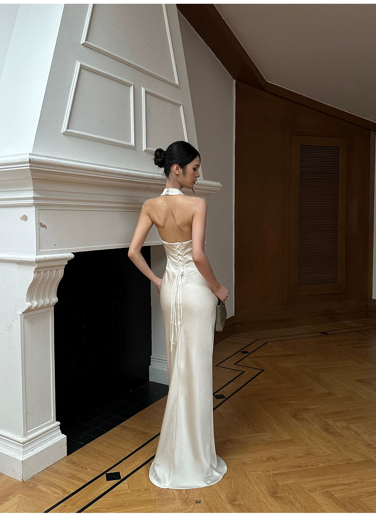VENUIE - Champagne Satin Lace-Trim Halter Mermaid Maxi Dress