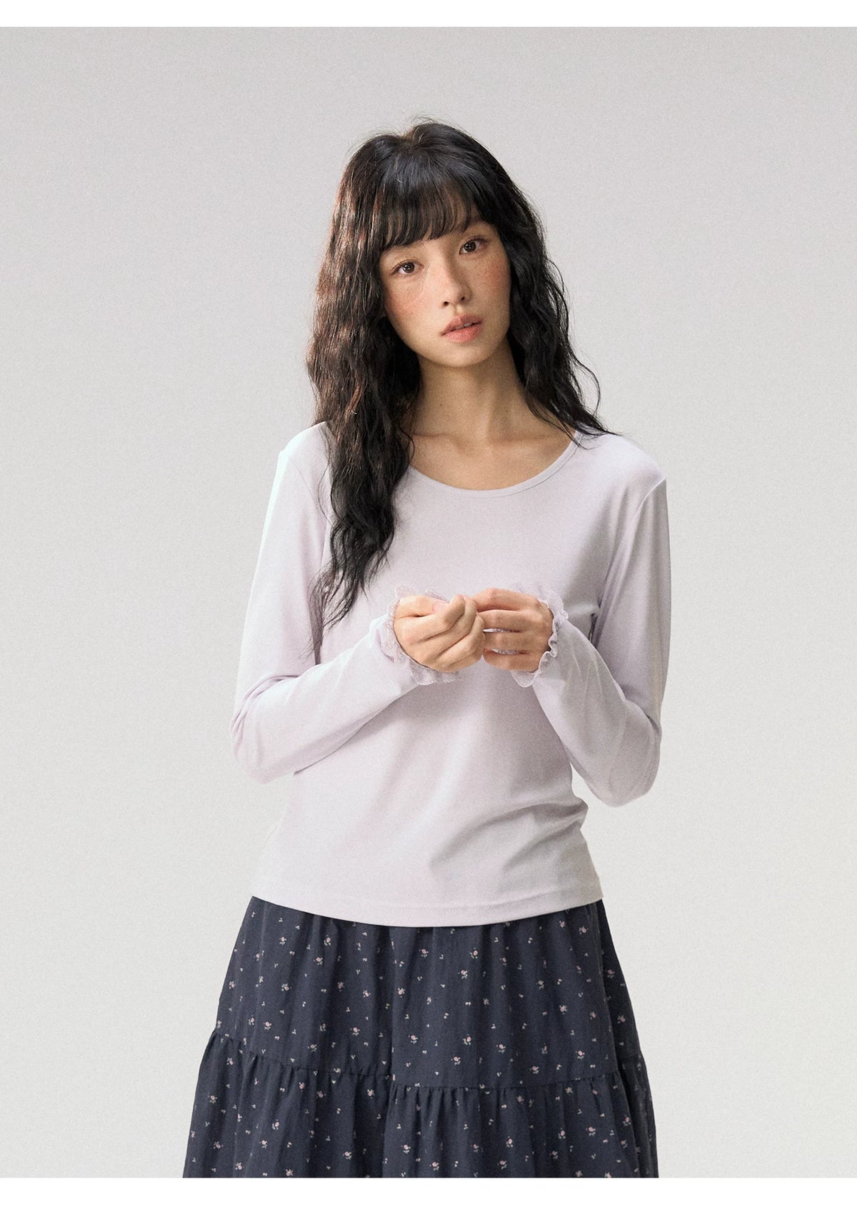 [CAN] “Rose in Bloom” Lavender Knit Cardigan & Floral Skirt 3-Piece Set