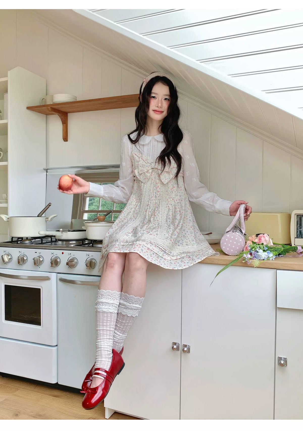 [[RF] “Garden Letter” Floral Print Cream Lace Bow Camisole Mini Dress