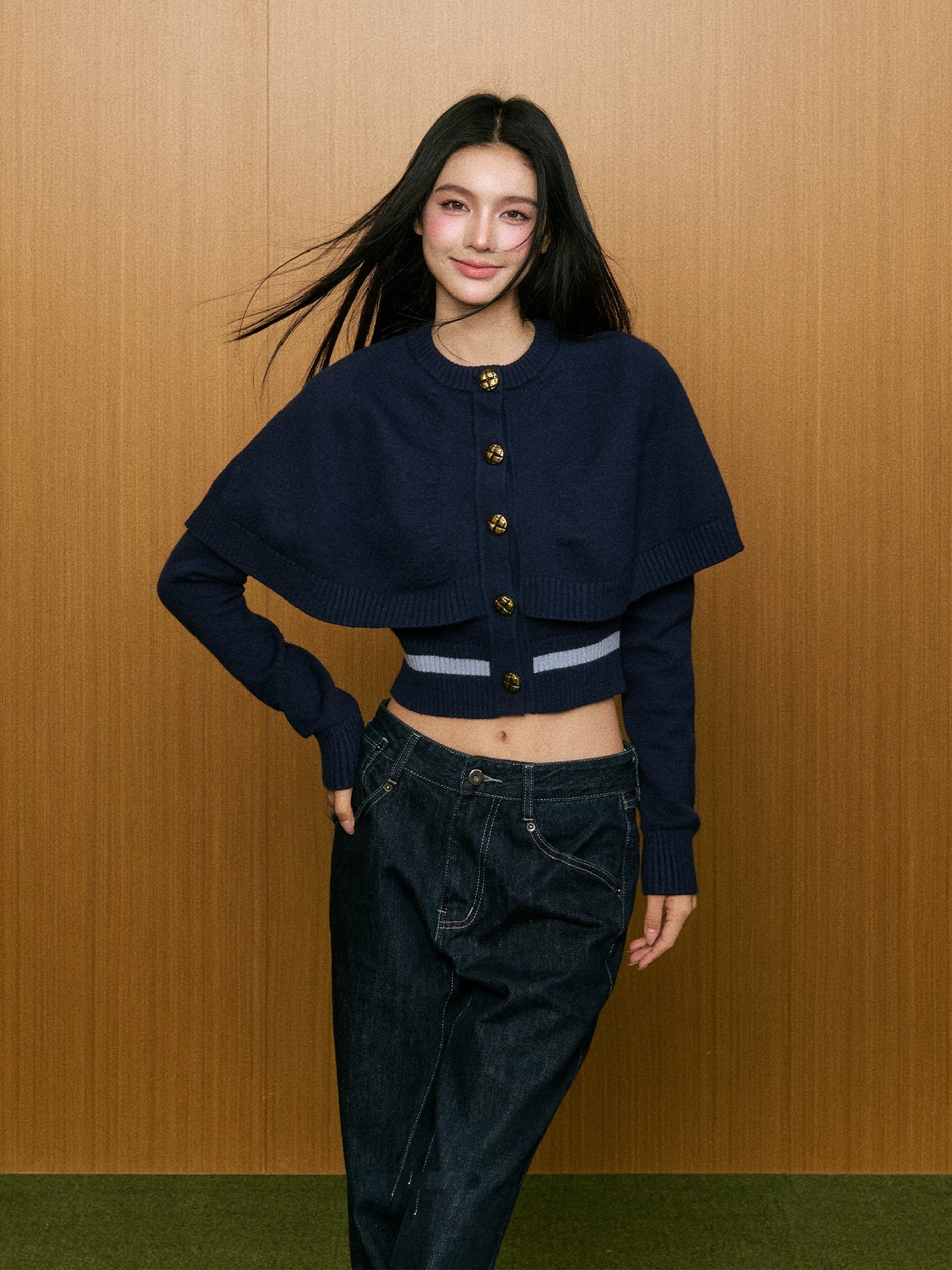 "First Bloom" Cable Knit Cape Cardigan (Ivory/ Navy)
