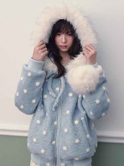 Soote Season - Pastel Blue Polka Dot Wool-Blend Hooded Varsity Jacket with Bow Detail
