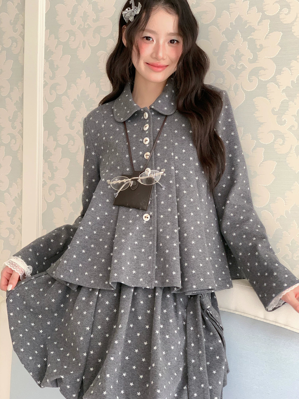 [RF] “Starlit Gray Tones” Gray Vintage Polka Dot Pleated Skirt Two-Piece Set