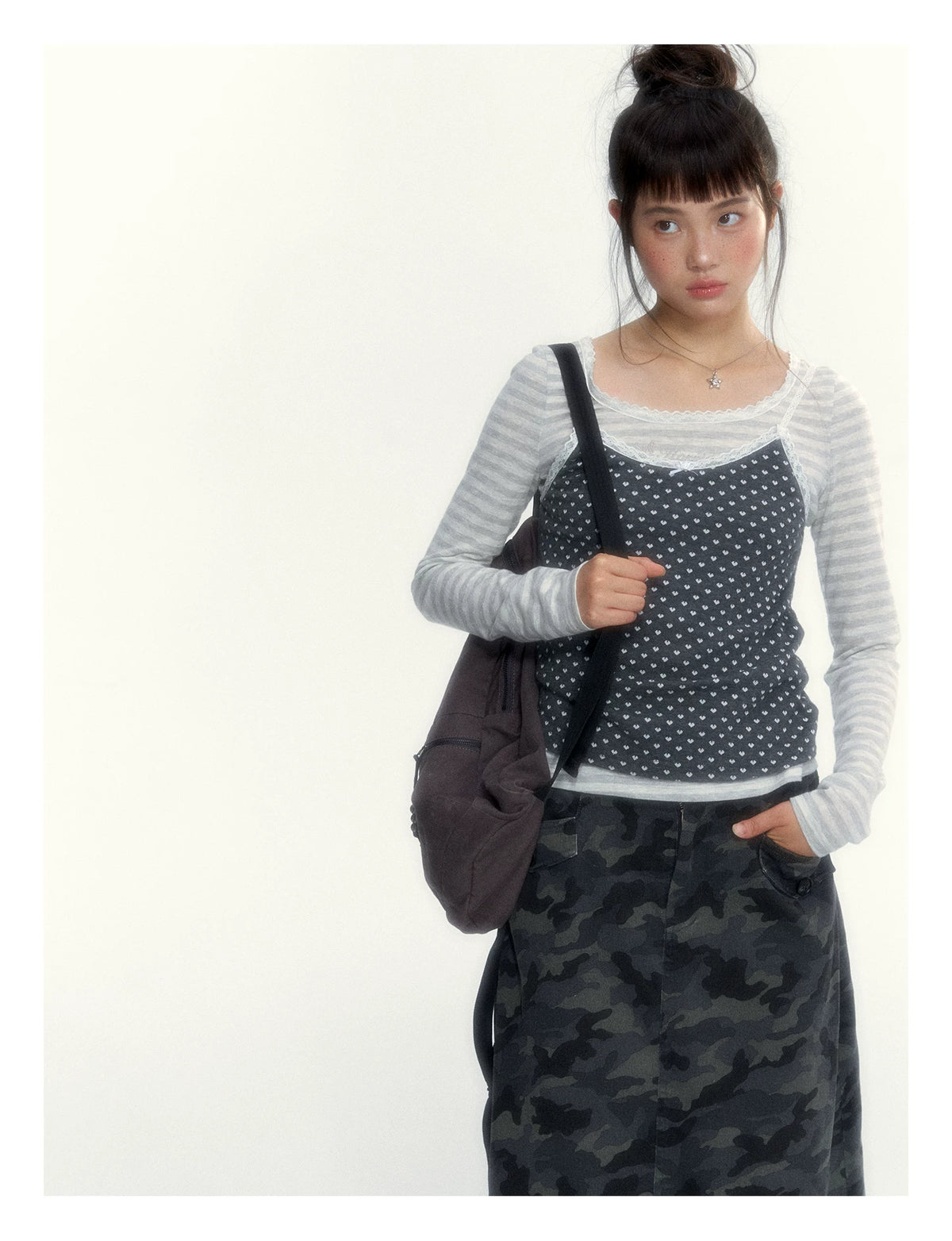 “Heart Dot” Charcoal Polka Dot Lace Trim Fitted Knit Cami