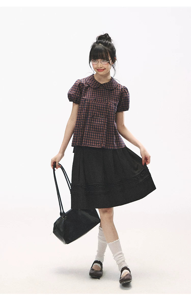 "Retro Plaid Sweetheart" Navy Orange Check Cotton Peter Pan Collar Blouse