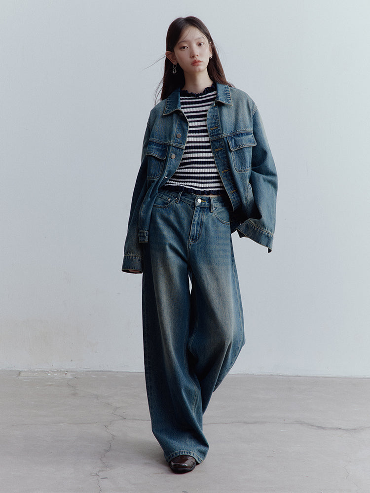 FUSSED Vintage Blue Low-Waist Wide-Leg Washed Denim Pants FOF-25SS173