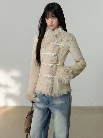 Soote Season - Cream Latte Faux Suede Toggle Belted Shearling Jacket